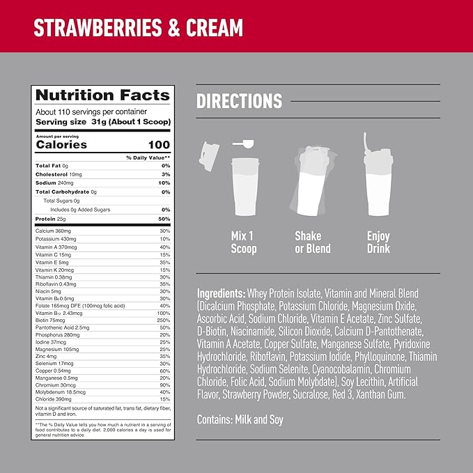 Isopure Zero Carb 100% Pure Whey Isolate Protein Powder, Lactose Free, Gluten Free, With Vitamins, Strawberries & Cream, 25g Protein Per Serving, 7.5 Lbs, 110 Servings
