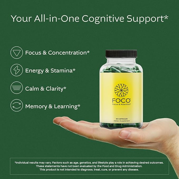 Think FOCO Capsules (13+) Natural Focus Supplement for Teens & Adults - Brain Nootropic for Concentration, Memory, Mental Clarity, Cognitive Enhancement Vitamins - Attention Supplements - 60 Capsules