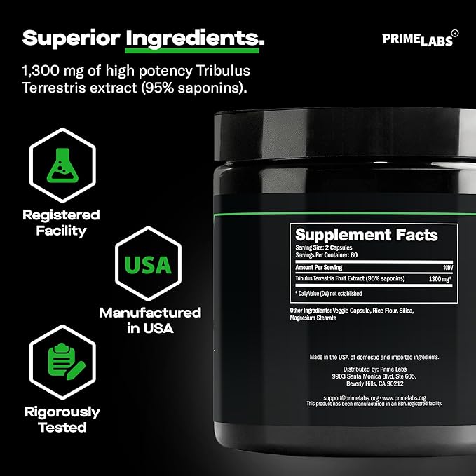 Prime Labs Tribulus Terrestris for Men 1300mg - Enhanced with 95% Saponins - Energy, Vitality, Strength - 120 Count