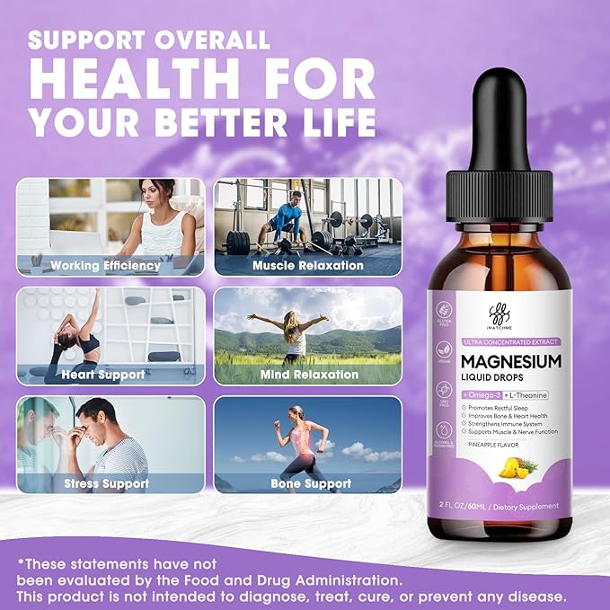 (2 Pack) Magnesium Glycinate Liquid Drop with Citrate, Oxide and Taurate, Calm Magnesium with Omega3, L-Theanine, D3, B6, B12 for Calm, Sleep, Leg Cramps, Muscles, Energy, Sugar-Freek Pineapple Flavor
