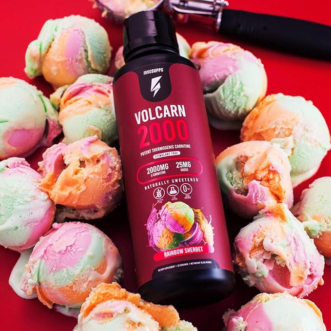 InnoSupps Volcarn 2000 - L-CARNITINE Advanced Energy Liquid | ATP Enhancer with GBEEC | Boosts Energy, Enhances Focus, Caffeine Free, No Artificial Sweeteners | 32 Servings (Rainbow Sherbet)