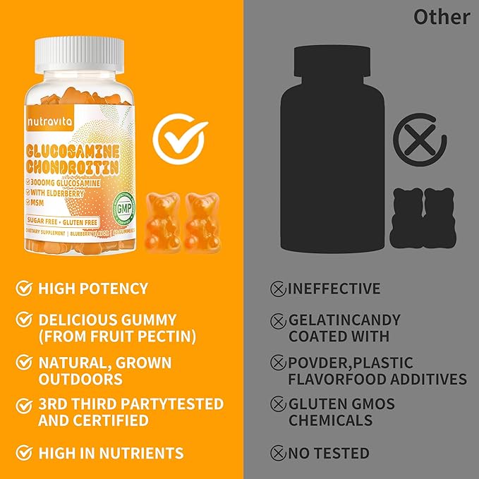 Glucosamine Chondroitin Gummies with MSM & Elderberry Extra Strength - Joint Support, Antioxidant Immune Support Supplement for Adults, Men & Women.60 Orange Chews