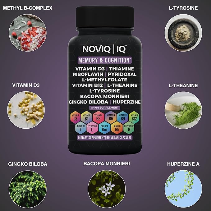 11-in-1 Nootropic Supplement: Supports Memory & Cognition - 100mg Ginkgo 150mg Bacopa 300mcg Huperzine 200mg L-Theanine 150mg L-Tyrosine & Bioactive B-Complex w/ 5-MTHF - 1,100mg+ Serving - 60 Count