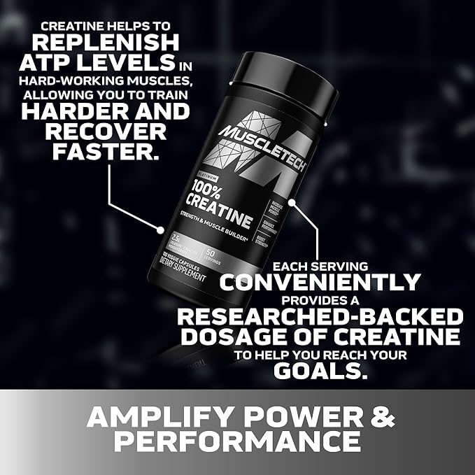 MuscleTech Platinum Creatine Monohydrate Capsules - Creapure Creatine Pre & Post Workout Muscle Builder, Muscle Recovery & Energy Boosting Supplement for Men & Women - 100 Veggie Pills