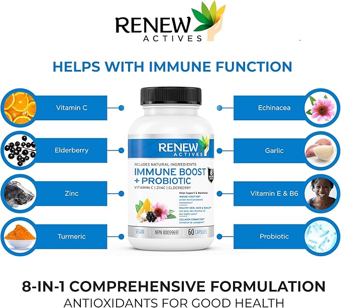 RENEW ACTIVES Antioxidant – Elderberry, Probiotics, Zinc, Vitamin C & Organic Turmeric 700MG per 2 Capsules – For Immune Function, Collagen Formation, & Overall Wellness – Made in Canada - 60 Capsules