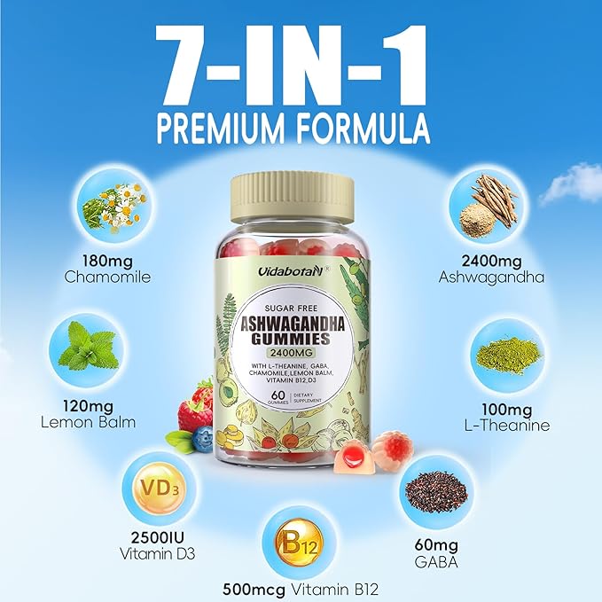 2 Pack Sugar Free Ashwagandha Gummies 2400mg for Women & Men, Ashwagandha Gummy with L-theanine, GABA, Lemon Balm for Calm,Zzzs and Energy Support, Mixed Berries Flavor 120 Count