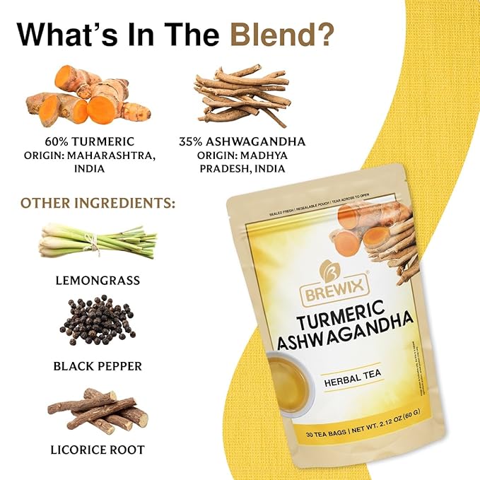 BREWIX, Turmeric Tea with Ashwagandha Root (30 Plant Based Tea Bags) Herbal Tea For Health & Wellbeing, Caffeine Free & Naturally Gluten Free | Supports Restful Sleep