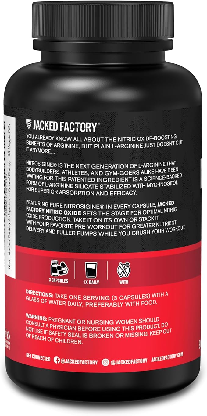 Jacked Factory Essentials Nitric Oxide Booster - Patented Bonded L-Arginine Silicate 1500mg Pre Workout Supplement for Muscle Growth, Pumps, Vascularity and Energy - 90 Veggie Pills