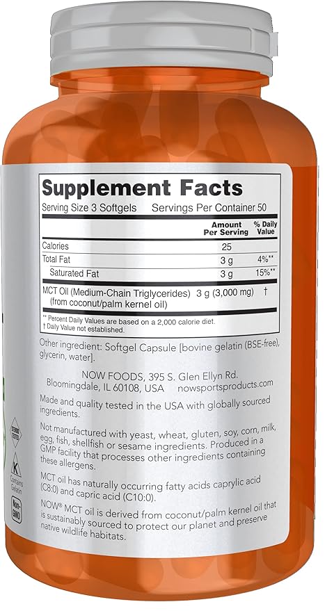 NOW Foods Sports Nutrition, MCT (Medium-chain triglycerides) Oil 1,000 mg, Weight Management, 150 Softgels