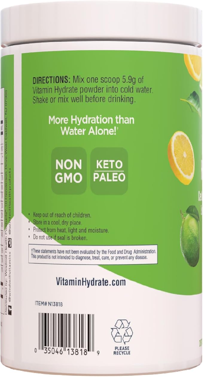 Vitamin Hydrate Electrolyte Hydration Mix, Electrolytes Powder, Supports Hydration with Coconut Water, Keto Friendly, Vegan, Sugar Free, Lemon Lime, 30 Servings