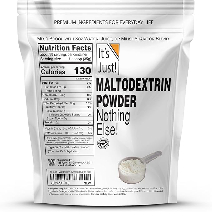 It's Just! - Mass Gainer Powder, 100% Maltodextrin (Complex Carbohydrates), Sustained Energy, Rapid Absorption, Non-GMO, Easily Add to Any Protein Shake, 3lbs / 38 Servings