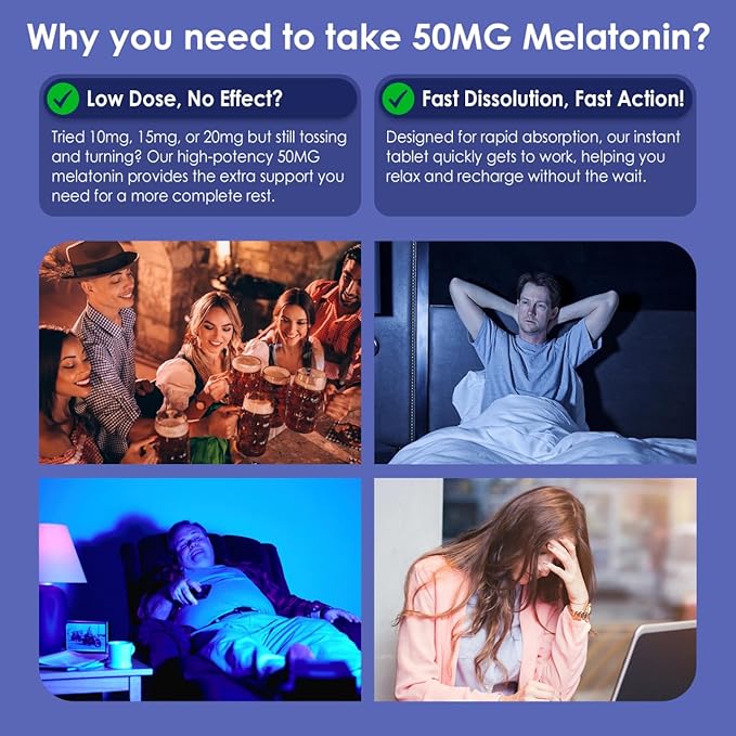Melatonin 50 mg for Adults - Extra Strength 9-IN-1 Fast Dissolve Sublingual - w/ Vitamin D3 & MSM, Relaxing Herbal Blend-Ashwagandha, Lemon Balm, Passionflower,Chamomile,Sugar Free, Vegan 180 Servings