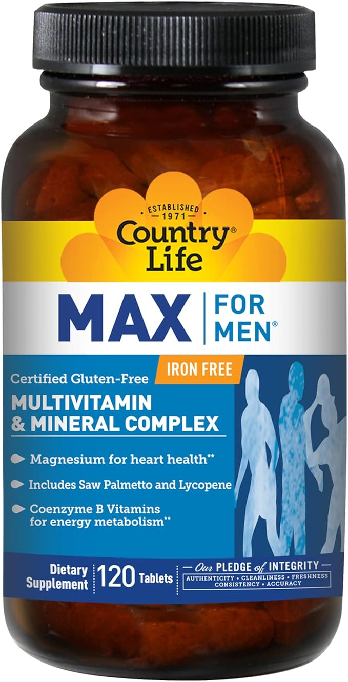 Country Life Max for Men Multivitamin: Iron-Free, Gluten Free, Saw Palmetto, Lycopene, Daily Support for Energy, Heart & Men's Health,120 Vegetarian Tablets