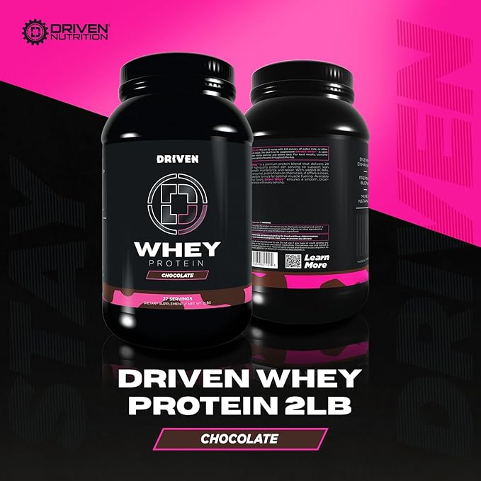 Driven WHEY- Grass Fed Whey Protein Powder: Delicious, Clean Protein Shake- Improve Muscle Recovery with 23 Grams of Protein with Added BCAA and Digestive Enzymes (2 lb, Chocolate Milkshake)