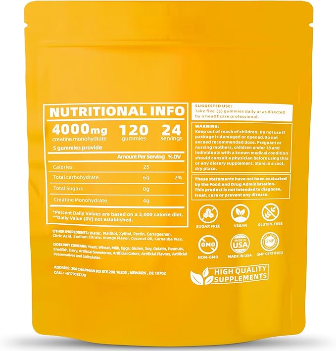 Creatine Monohydrate Gummies for Men & Women, 4g of Creatine Monohydrate per Serving for Maximum Power Strength, Performance, Sugar Free, Vegan, Pre-Workout Supplement(120 Count)-Mango