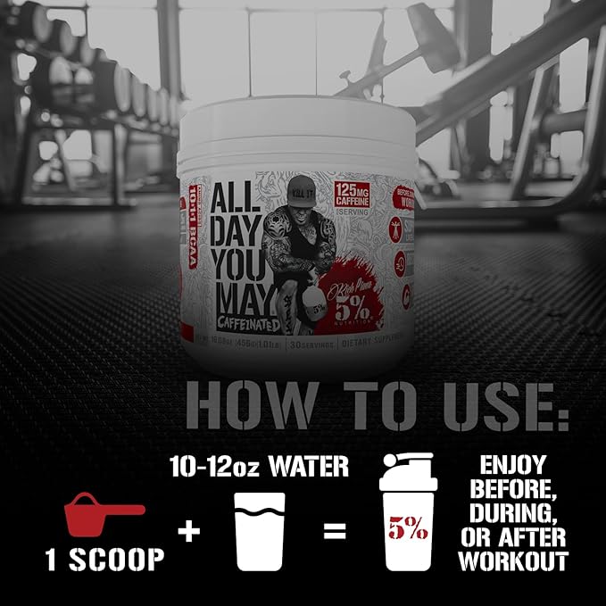 5% Nutrition Rich Piana AllDayYouMay Caffeinated BCAA Energy Powder | Premium Pre Workout Amino Energy & Electrolytes | Hydration, Endurance & Recovery | 16.3 oz, 30 Servings (Southern Sweet Tea)