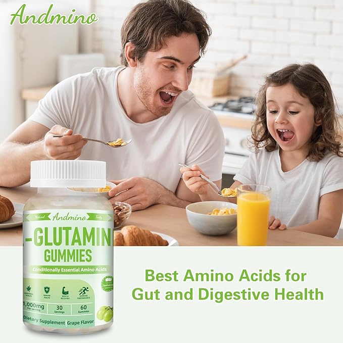 L-Glutamine Gummies 1000 mg, with Trehalose, L Glutamine Supplement Support Intestinal, Boost Immune & Muscle Health, for Adults & Kids, Non-GMO, Vegan, Gluten Free, Grape Flavor, 60