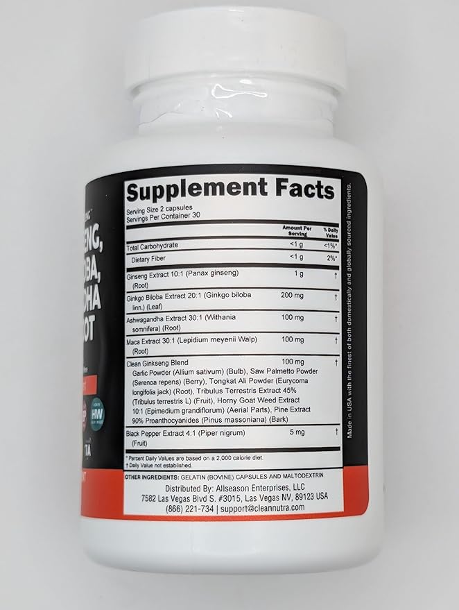 Clean Nutraceuticals Panax Ginseng 10000mg Ginkgo Biloba 4000mg Ashwagandha Maca Root 3000mg - Focus Supplement Pills for Women and Men with Pine Bark Extract, Garlic, and Saw Palmetto - 2Pack