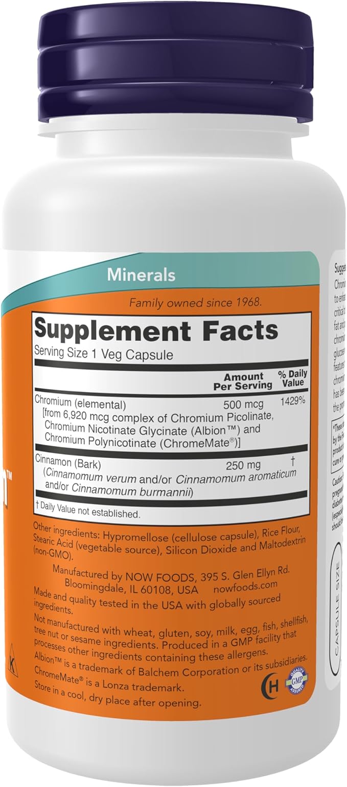 NOW Foods Supplements, Tri-Chromium™ 500 mcg with Cinnamon, Insulin Co-Factor*, 90 Veg Capsules