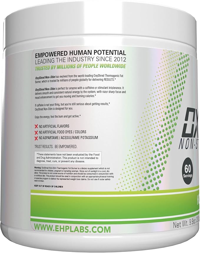 EHP Labs OxyShred Non Stimulant Pre Workout Powder - Stim Free Pre Workout, Caffeine Free Preworkout for Men & Women with L Glutamine & Acetyl L Carnitine - Honeydew Melon, 60 Servings