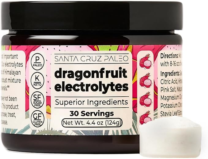 Santa Cruz Paleo Electrolyte Powder Dragonfruit with Himalayan & Sea Salt, Magnesium, Potassium, Sugar-Free, 30 Servings