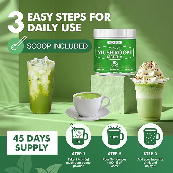 Mushroom Matcha 8 Oz | Ceremonial-Grade Japanese Matcha with 7 Adaptogenic Superfood Mushrooms, MCT Oil, Coconut Milk Powder, Natural, Gluten Free, Instant Powder for Energy, Focus, Digestion, Immunity, 45 Servings