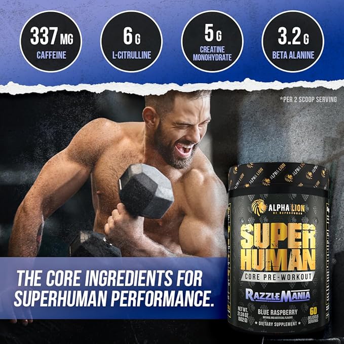 ALPHA LION Core Pre Workout with Creatine for Performance, Beta Alanine for Muscle, L-Citrulline for Pump & Tri-Source Caffeine for Sustained Energy (60 Servings, Razzle Mania)