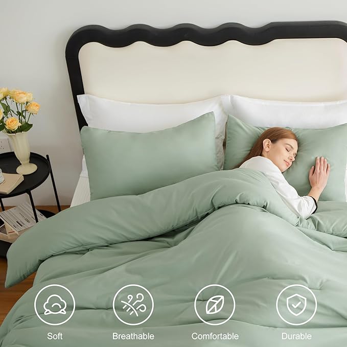 CozyLux Sage Green Comforter Set Queen Size, 3 Pieces Solid Breathable Quilted Style Bedding Sets, Luxury Fluffy Soft Microfiber Comforter for All Season(1 Comforter & 2 Pillowcases)