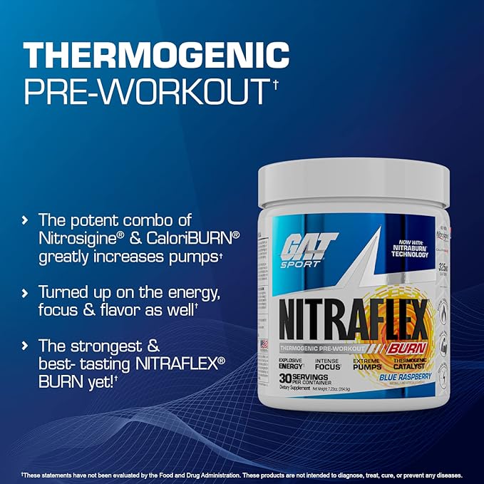 GAT SPORT NITRAFLEX Burn, Pre Workout Thermogenic Powder, Tropic Thunderburst, 30 Servings