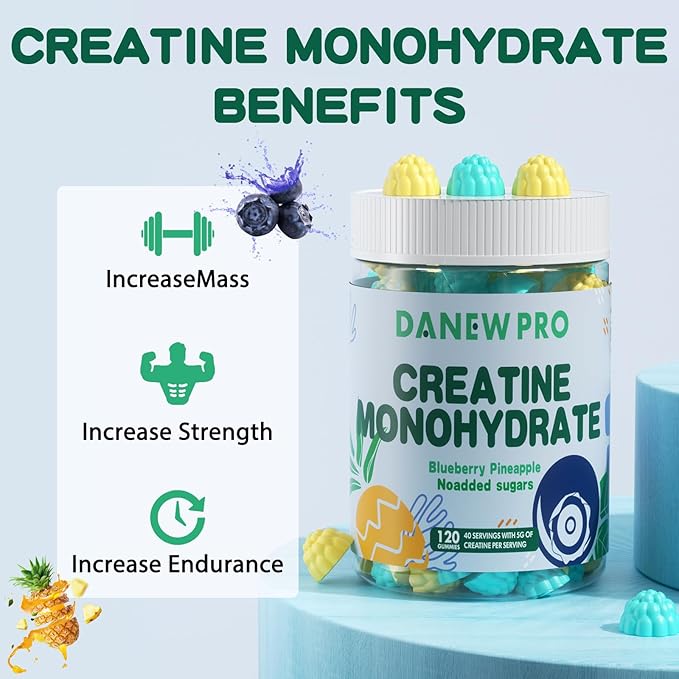 Creatine Monohydrate Gummies or Men & Women, Creatine Monohydrate for Muscle Strength, Muscle Builder, Energy Boost, Pre-Workout Supplement(120 Count)-Blueberry Pineapple Flavor.