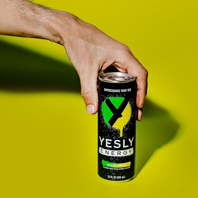 Yesly Energy Drink, Green Apple, Naturally Flavored Sparkling Energy Water With Electrolytes, Magnesium, Potassium, Vitamin C, B6 & B12, Natural Caffeine From Green Tea, 12 Fl Oz Cans, 12 Pack