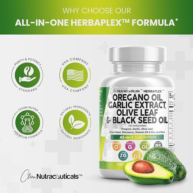 Clean Nutra Oregano Oil with Black Seed Oil Garlic Olive Leaf Extract - Oil of Oregano Capsules Immune Support Carvacrol & Thymoquinone Supplement for Women and Men + Elderberry Vitamin D3 & Zinc