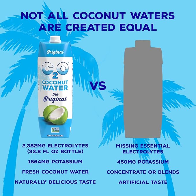 C2O - Organic Coconut Water, The Original Flavor (6 Pack) - Made with Fresh Coconut Water - Plant Based, Non GMO - Natural Hydration, Essential Electrolytes, & Potassium - 6 Tetra Packs, 33.8 FL OZ