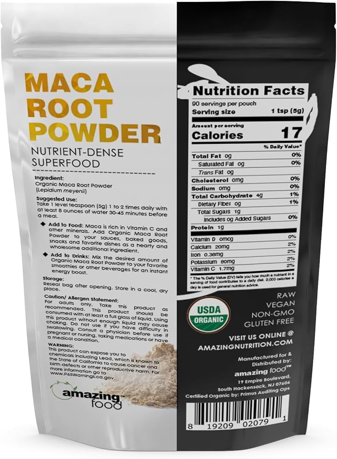 Amazing Food Maca Root Powder | 1 Lb (454 G) | USDA Certified Organic | Vegan | Non-GMO | Gluten-Free | Made in USA