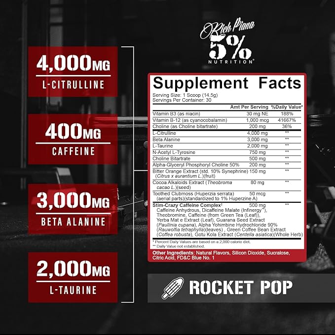 5% Nutrition Rich Piana 5150 High Stim Pre-Workout Powder | Extreme Energy, Focus, Pumps & Endurance | 400 mg Caffeine, Citrulline, Beta Alanine, N-Acetyl L-Tyrosine | 30 Srvgs (Rocket Pop)