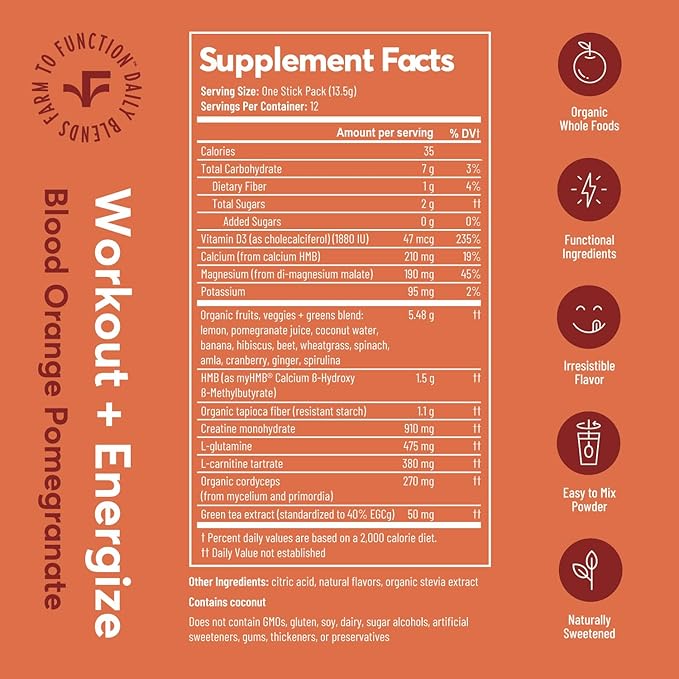 Creatine HMB Pre-Workout Drink Mix – All Natural Caffeine-Free Pre-Workout Supplement with Amino Acids and Organic Superfoods – Active Nutrition Supplement - Blood Orange Pomegranate Flavor