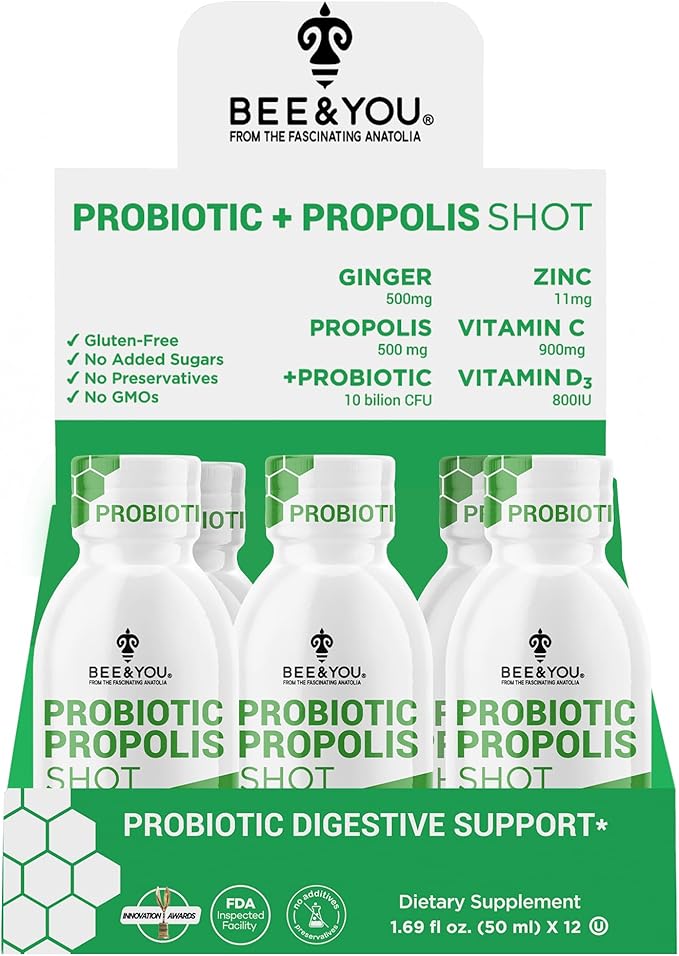 Bee and You Propolis Immune Shot, Probiotic, Vitamin C, Vitamin D3, Zinc, Ginger, Immune Support, Gut Health, Digestive Health, Bioactive 1.69 Fl. oz, 12 Pack