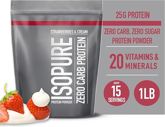 Isopure Zero Carb 100% Pure Whey Isolate Protein Powder, Lactose Free, Gluten Free, With Vitamins, Strawberries & Cream, 25g Protein Per Serving, 1 Lb, 15 Servings