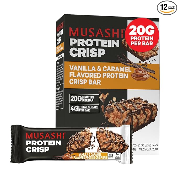 MUSASHI Protein Crisp Bar, 20g Protein, 4g Total Sugars, Vanilla & Caramel, Post Workout and Snack On The Go, 12 Pack of 2.1oz (60g) Bars