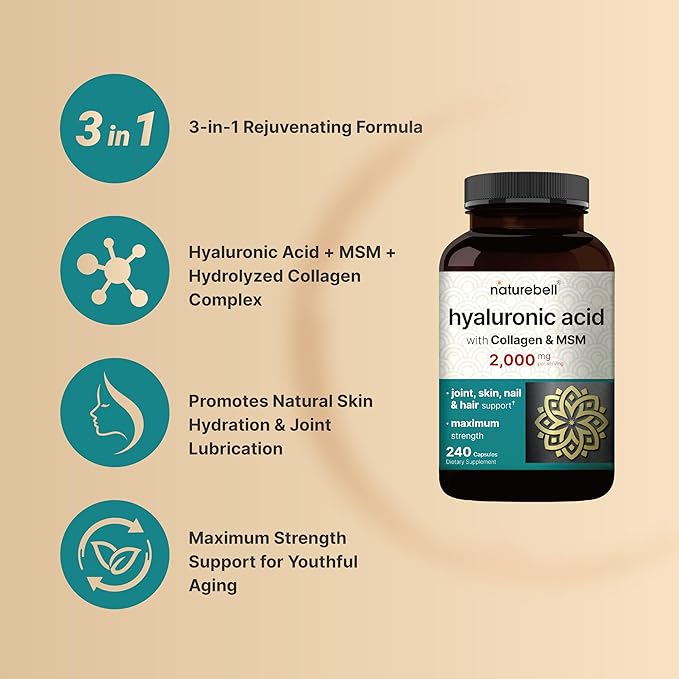 NatureBell Hyaluronic Acid Supplements 2,000 mg | 240 Capsules, with MSM & Hydrolyzed Bovine Collagen – 3 in 1 Support for Skin Hydration, Joint Lubrication, Hair, and Eye Health