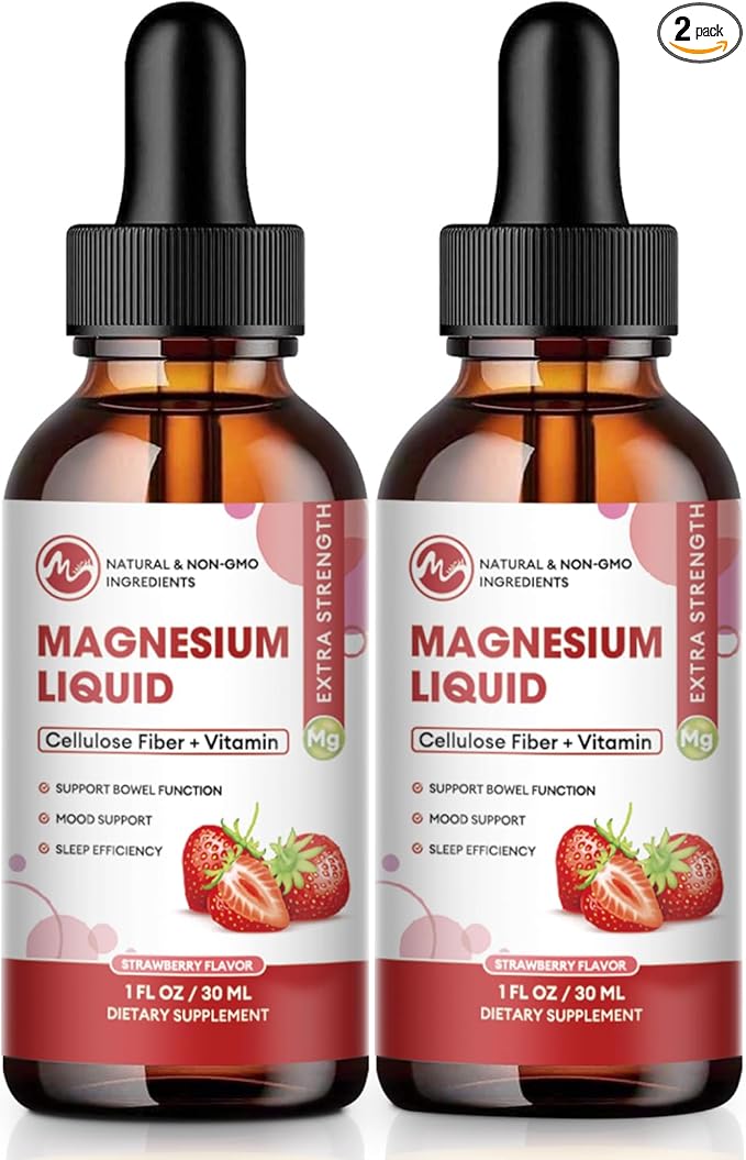 Magnesium Glycinate Liquid Drops, Magnesium Liquid Supplement with Cellulose Fiber, Bromelain, Vitamin C, D, B6, Zinc for Night, Muscle & Energy Support, Strawberry Flavor, 1 Fl Oz (Pack of 2)