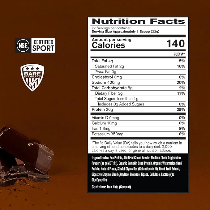BARE PERFORMANCE NUTRITION Vegan Protein, Plant Based Protein, Pea Protein, Watermelon Protein and Pumpkin Protein, Naturally Sweetened and Flavored (27 Servings, Chocolate)