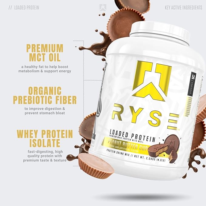 Ryse Loaded Protein Powder - Peanut Butter Cup - 25g Whey Protein Isolate & Concentrate with Prebiotic Fiber & MCTs - Low Carb, Low Sugar, Digestive-Friendly - 54 Servings / 4 lb Tub