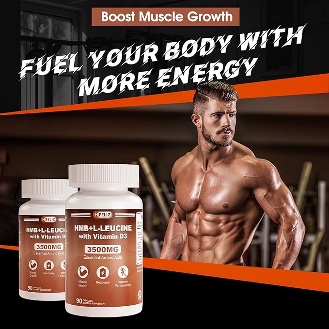 HMB and Leucine Supplement, 3500mg L-Leucine HMB with Vitamin D3, Amino Acid BCAA for Men, Vegan, Gluten Free, 90 Capsules