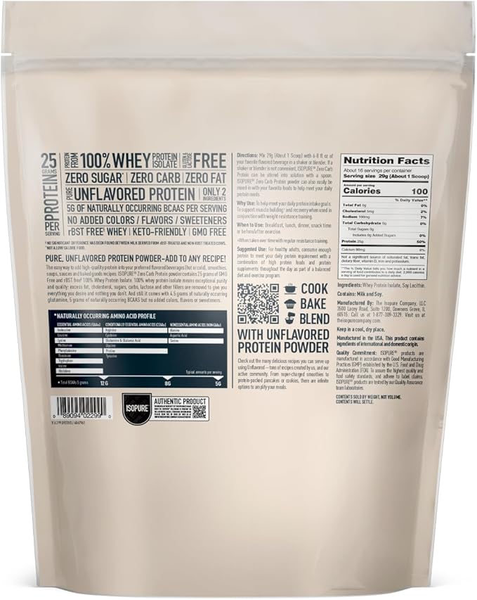 Isopure Zero Carb 100% Pure Whey Isolate Protein Powder, Lactose Free, Gluten Free, With Vitamins, Unflavored, 25g Protein Per Serving, 1 Lb, 16 Servings