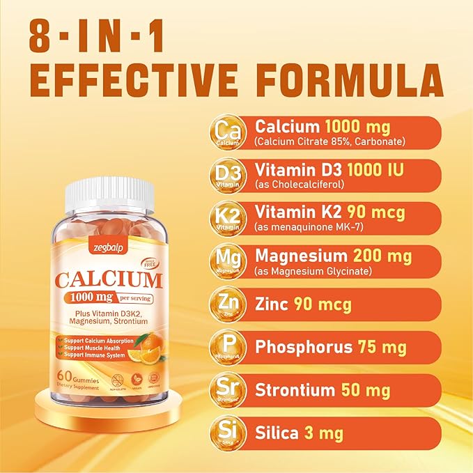 1000 mg Calcium Citrate Supplement Gummies for Adults - Calcium Gummies with Vitamin D3, K2, Magnesium, Strontium for Women, Men - Support Calcium Absorption & Immune System