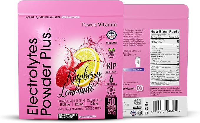 Electrolytes Powder Plus (50 Servings) Raspberry Lemonade Electrolyte Powder Zero Calorie Keto, 0 Sugar, No Maltodextrin,1000mg Potassium,120mg Calcium,120mg Magnesium, Hydration Powder