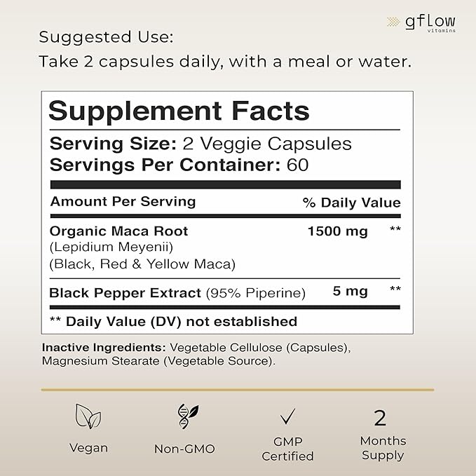 Organic Maca Root Capsules 1500mg - Made with Black, Red, Yellow Peruvian Maca Root Extract & Black Pepper - 120 Vegan Pills - Supports Energy, Performance & Mood for Men & Women