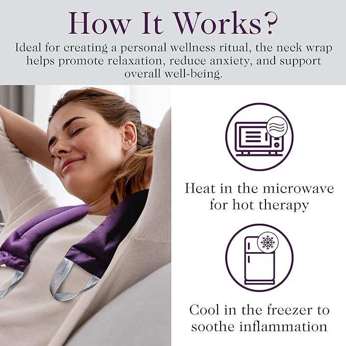 Victoria's Lavender Luxury Microwavable Aromatherapy Lavender Neck Wrap Provides Stress & Neck Pain Relief, Organic Lavender Buds & Flax Seed, Extra Long - Made in The USA