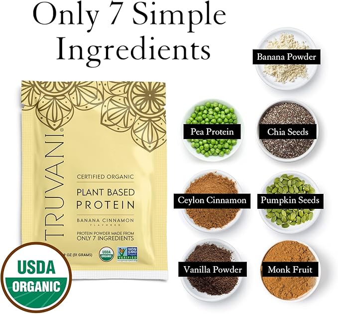 Truvani Vegan Pea Protein Powder | Banana Cinnamon | 20g Organic Plant Based Protein | 1 Serving | Keto | Gluten & Dairy Free | Low Carb | No Added Sugar